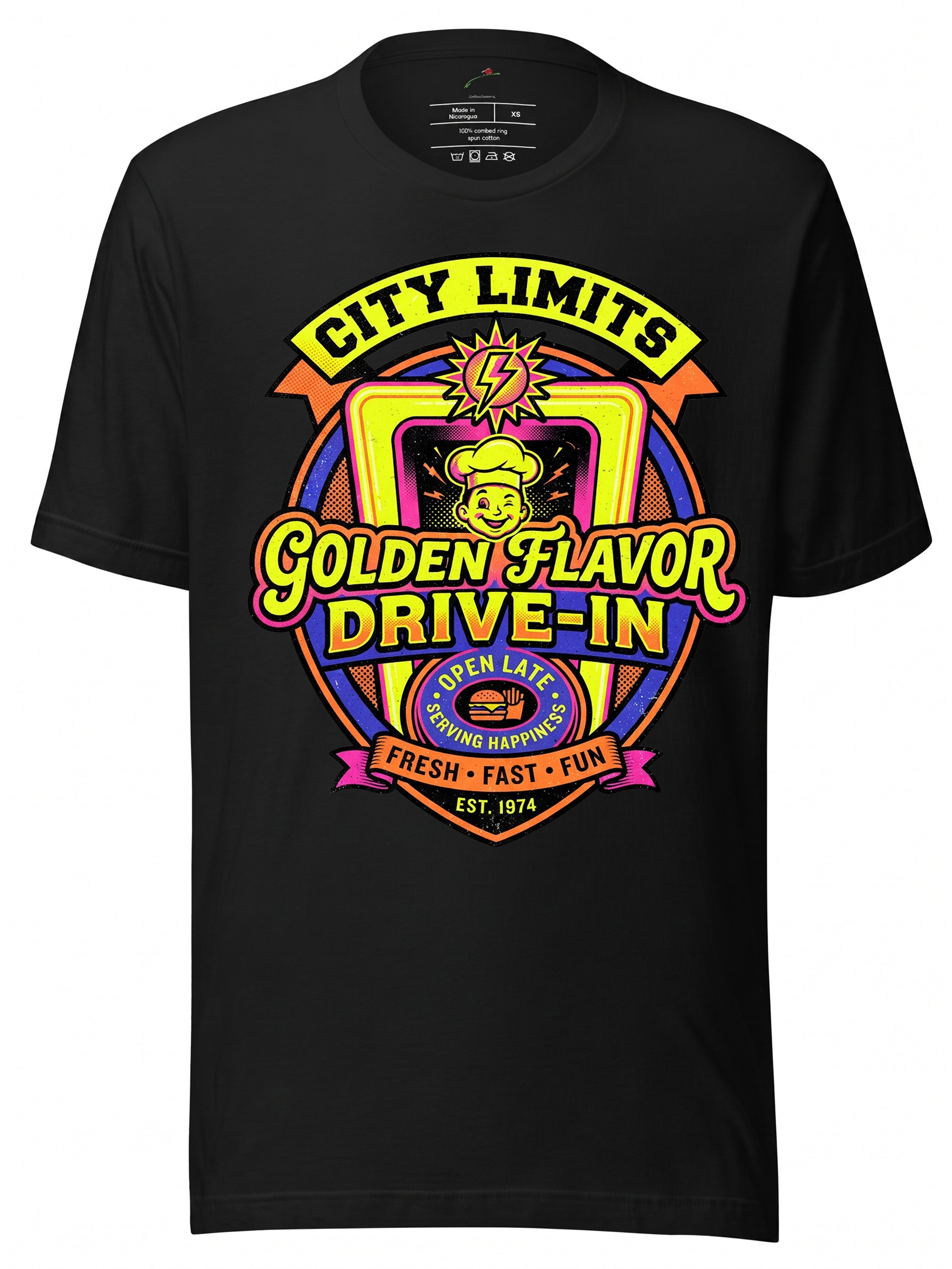 Black t-shirt retro featuring colorful Golden Flavor Drive-In graphic design