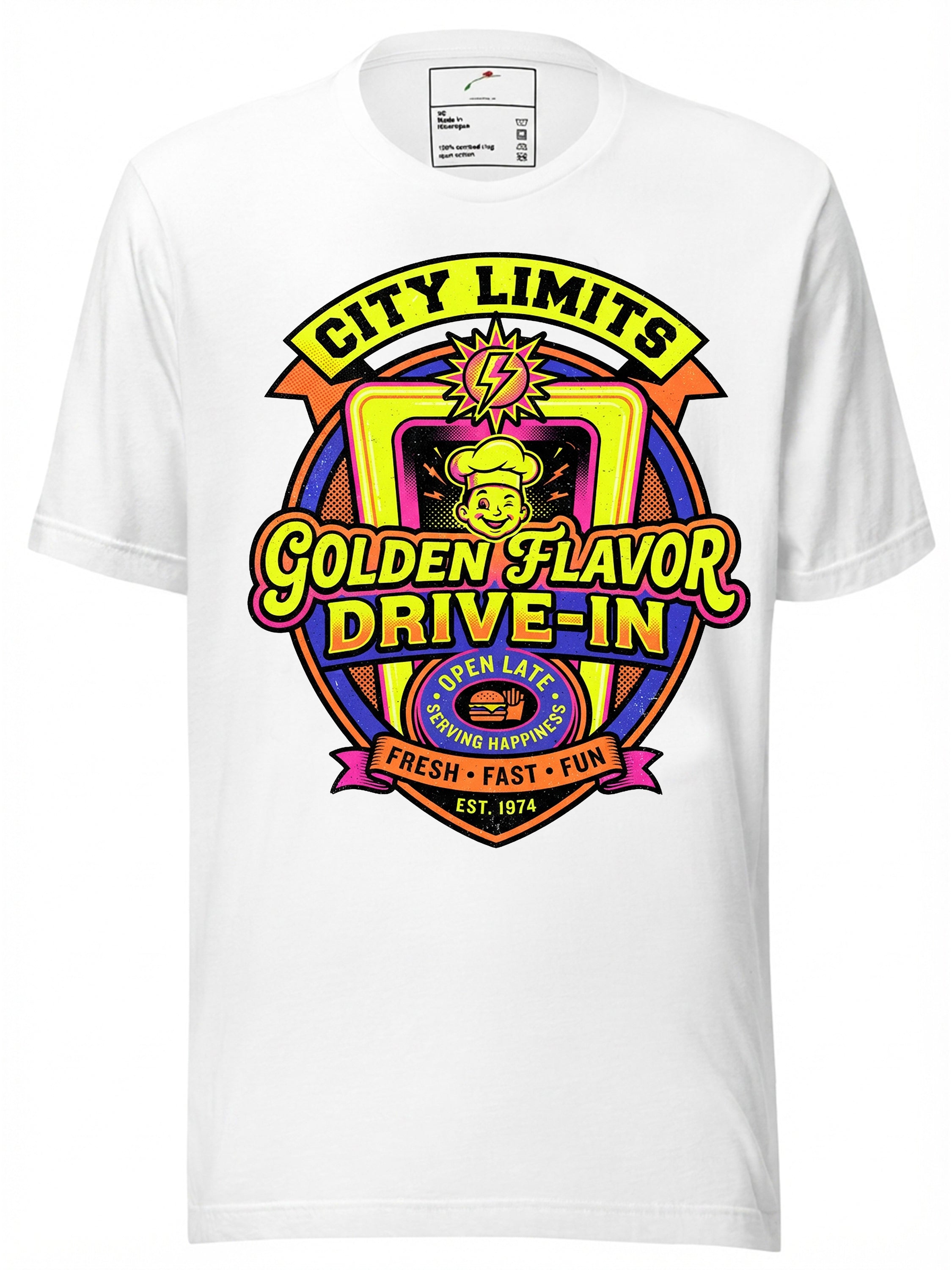 LuckeLadybug LLC T-shirt retro with colorful Golden Flavor Drive-In graphic design