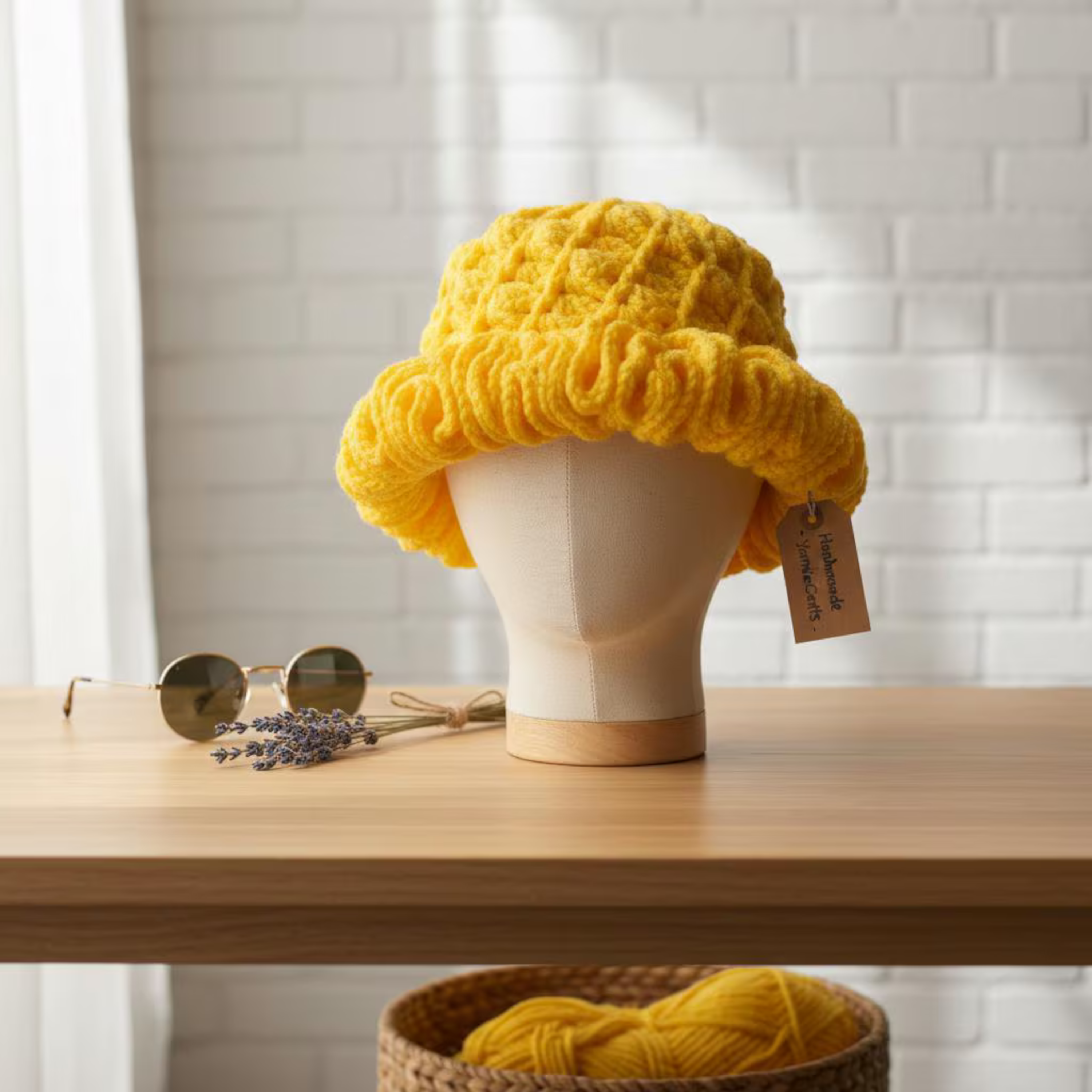 Golden Horizon Wavy Brim Crochet Hat in vibrant yellow displayed on a hat stand with decorative accessories