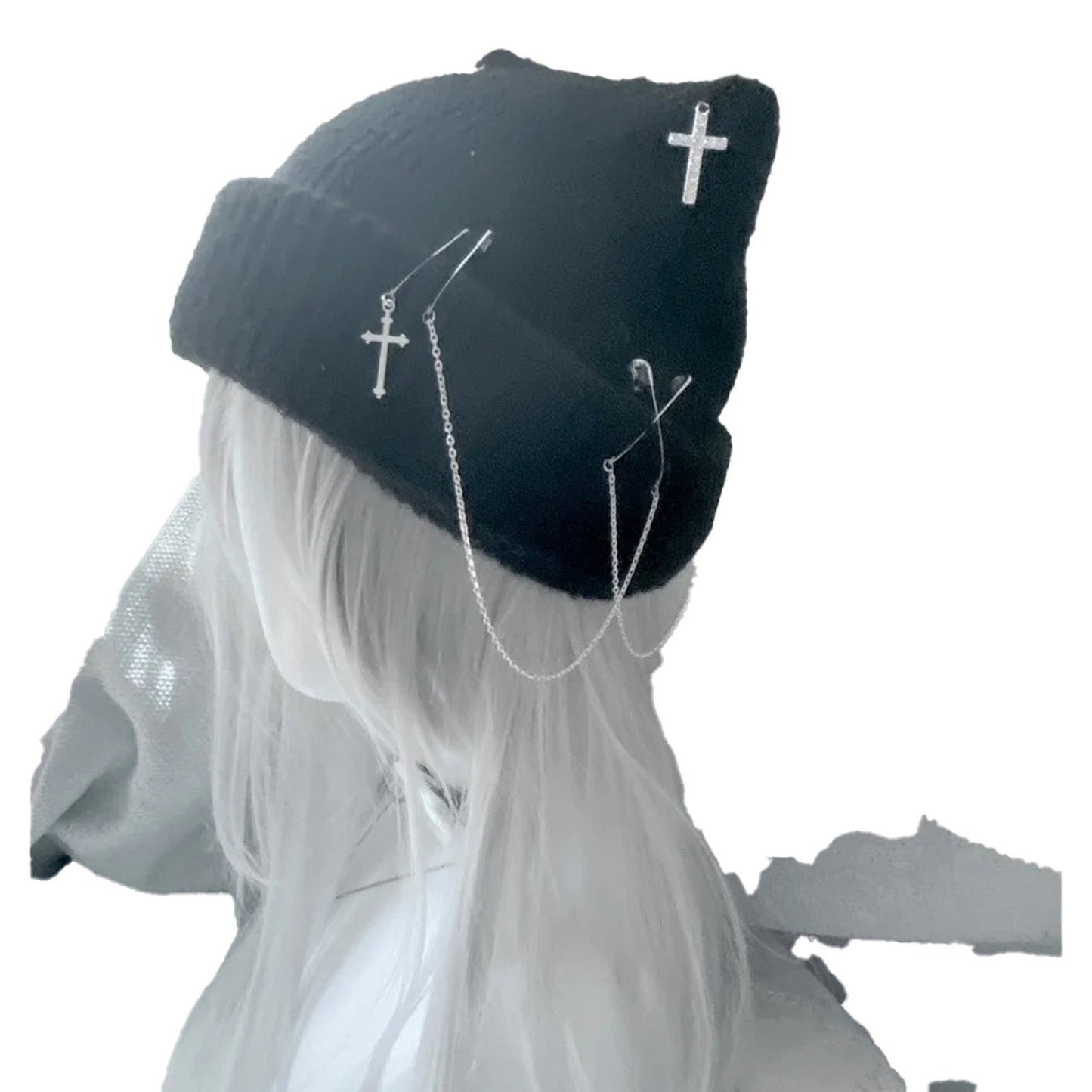Gothic cat ear beanie for women with silver cross embellishments and chain details