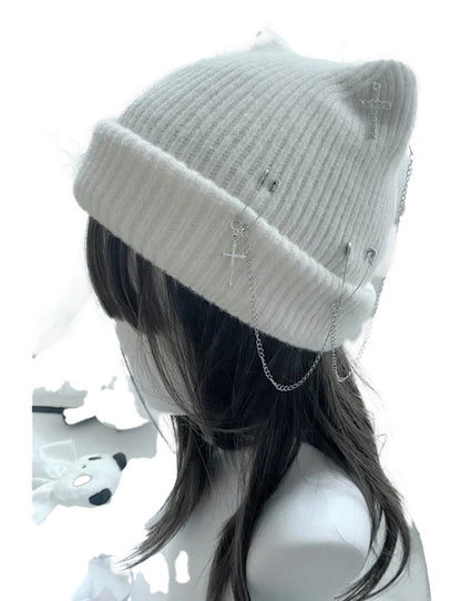 Gothic cat ear beanie for women in white with chain accents for a trendy look