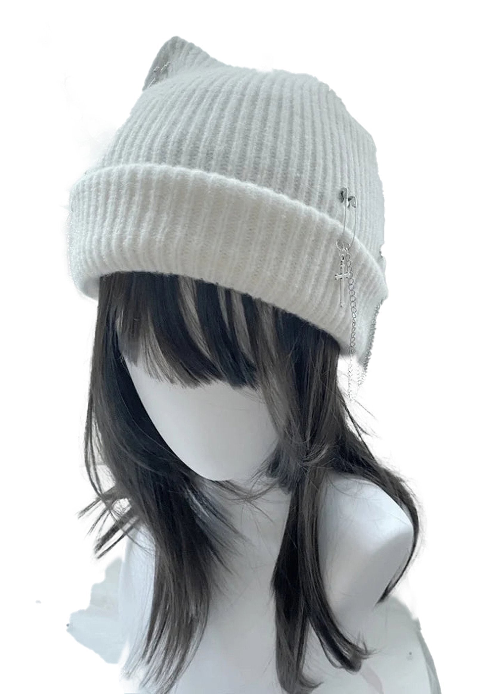 Gothic cat ear beanie for women in white with a ribbed design and silver chain detail
