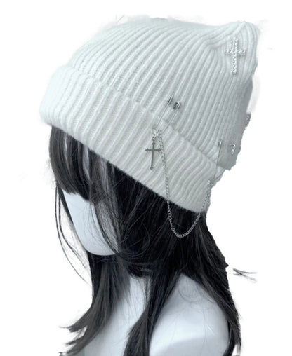 White gothic cat ear beanie for women adorned with silver chains and cross embellishments