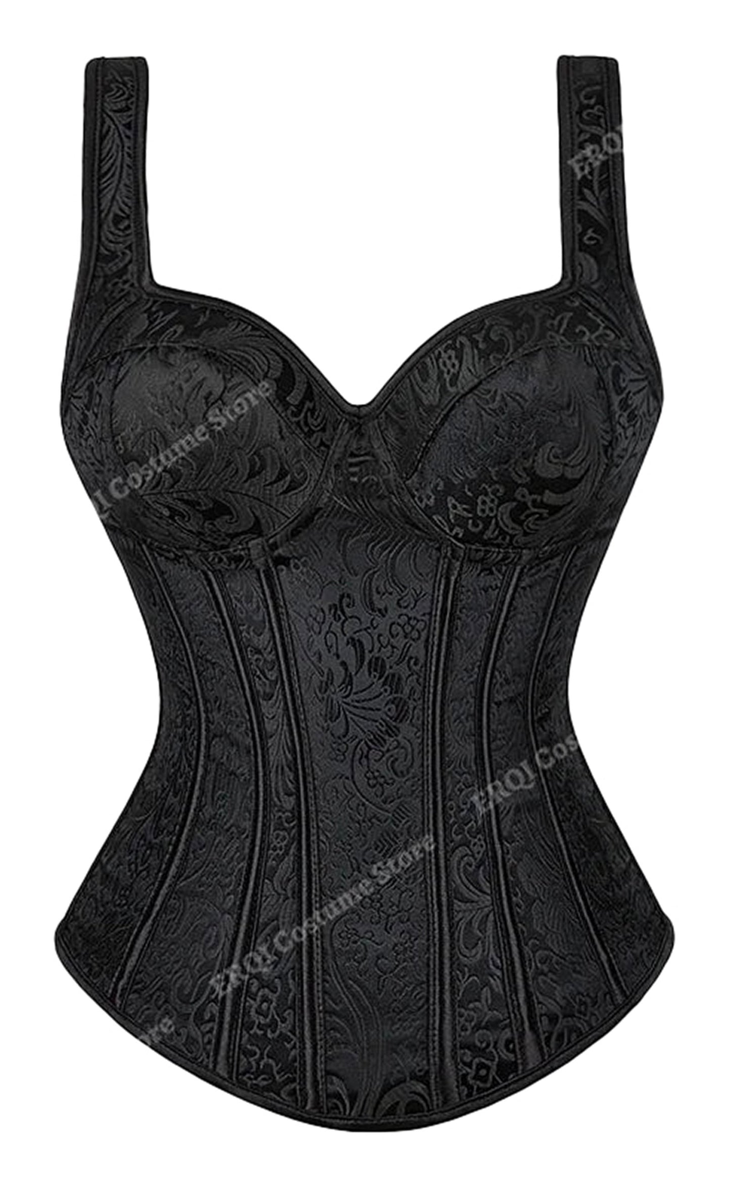 Elegant black gothic corset dress for women with intricate floral patterns and structured bodice
