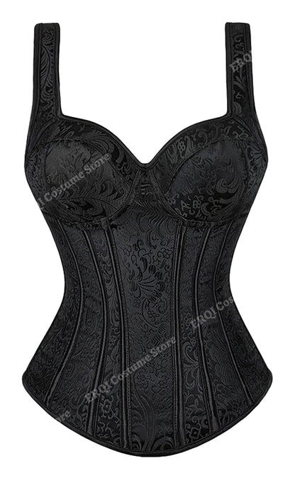 Elegant black gothic corset dress for women with intricate floral patterns and structured bodice