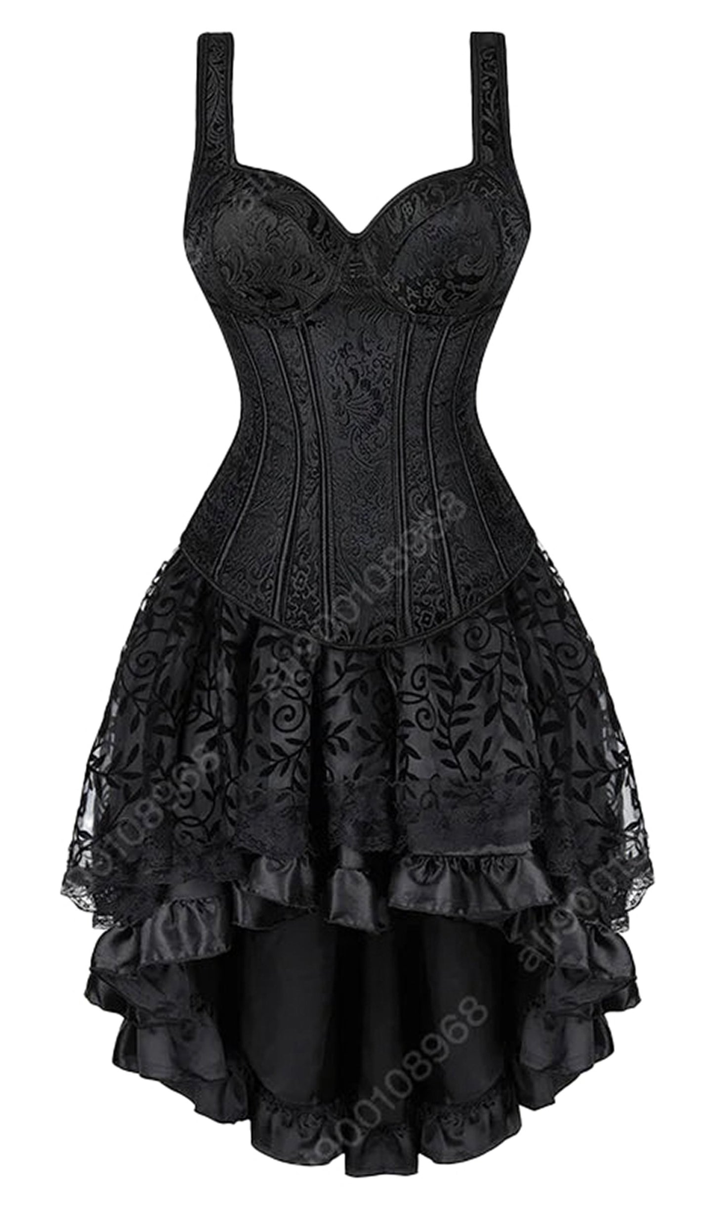 Elegant gothic corset dress for women featuring a structured bodice and layered lace skirt