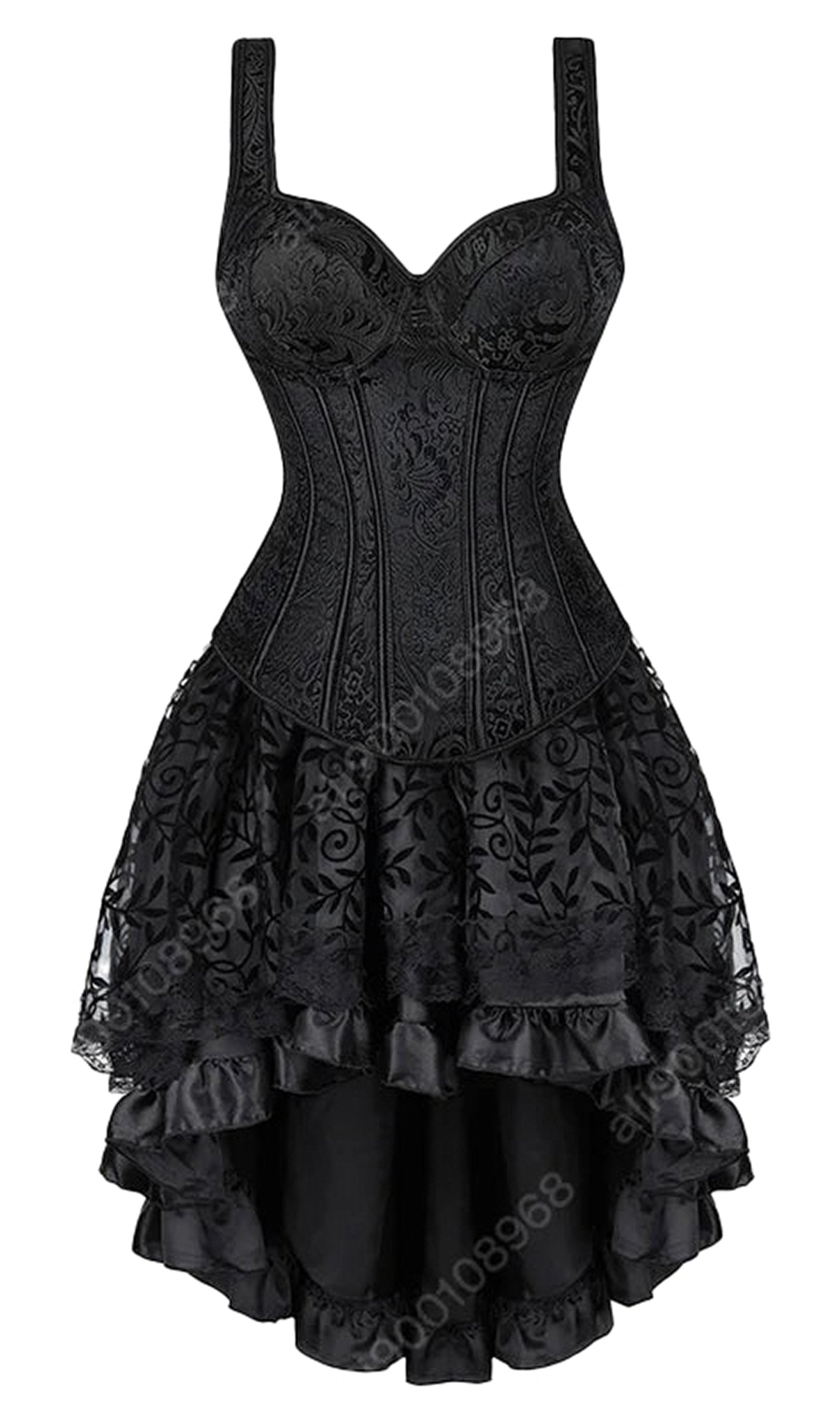 Elegant gothic corset dress for women featuring a structured bodice and layered lace skirt