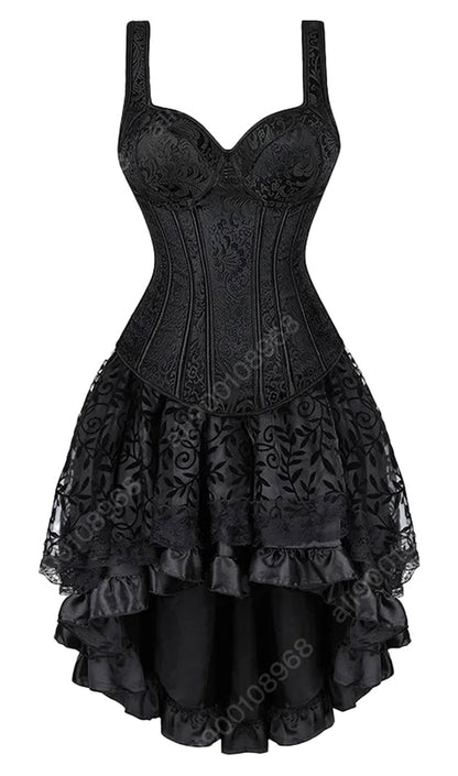 Elegant gothic corset dress for women featuring a structured bodice and layered lace skirt
