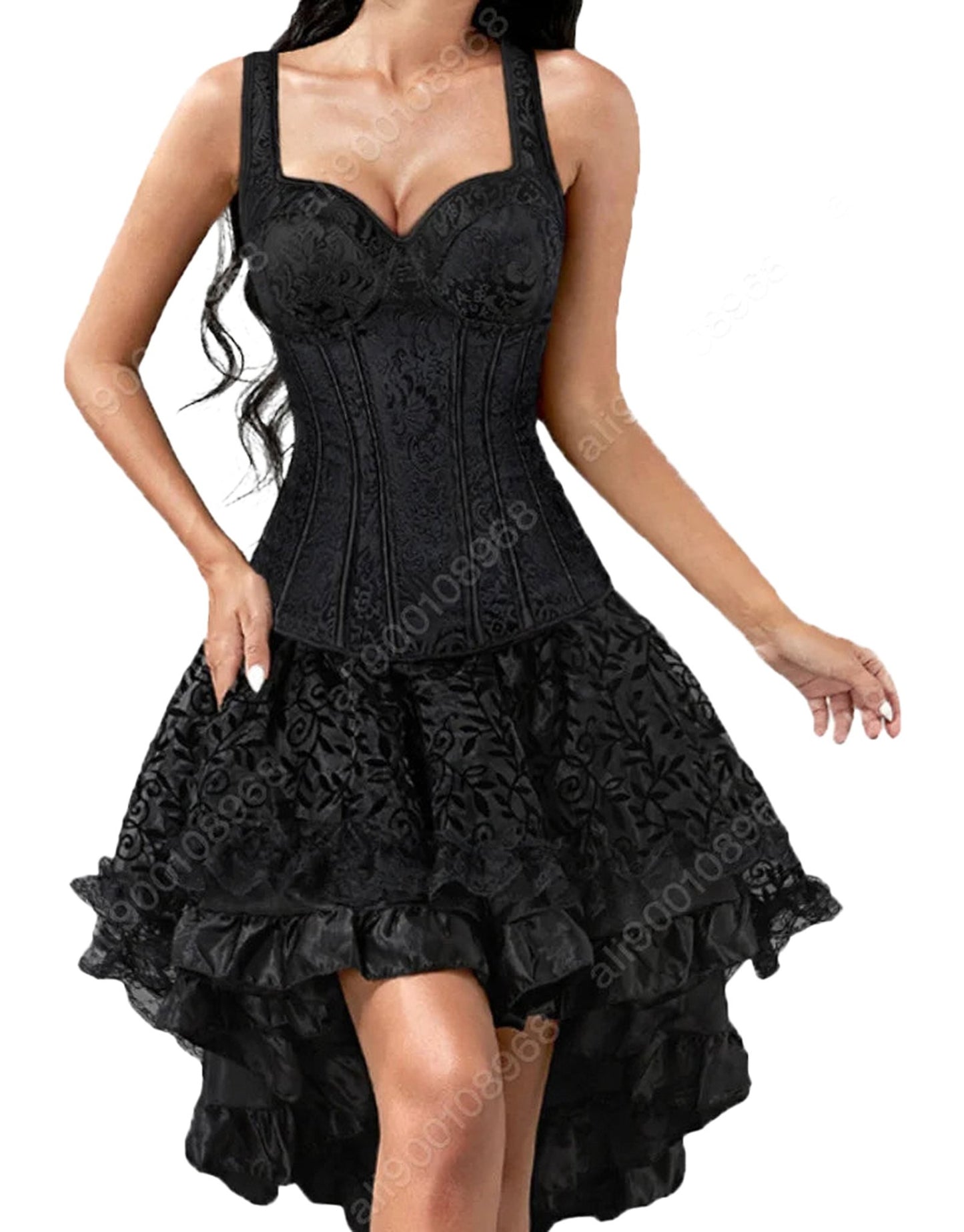 Elegant LuckeLadybug gothic corset dress for women with a ruffled hem and intricate floral design