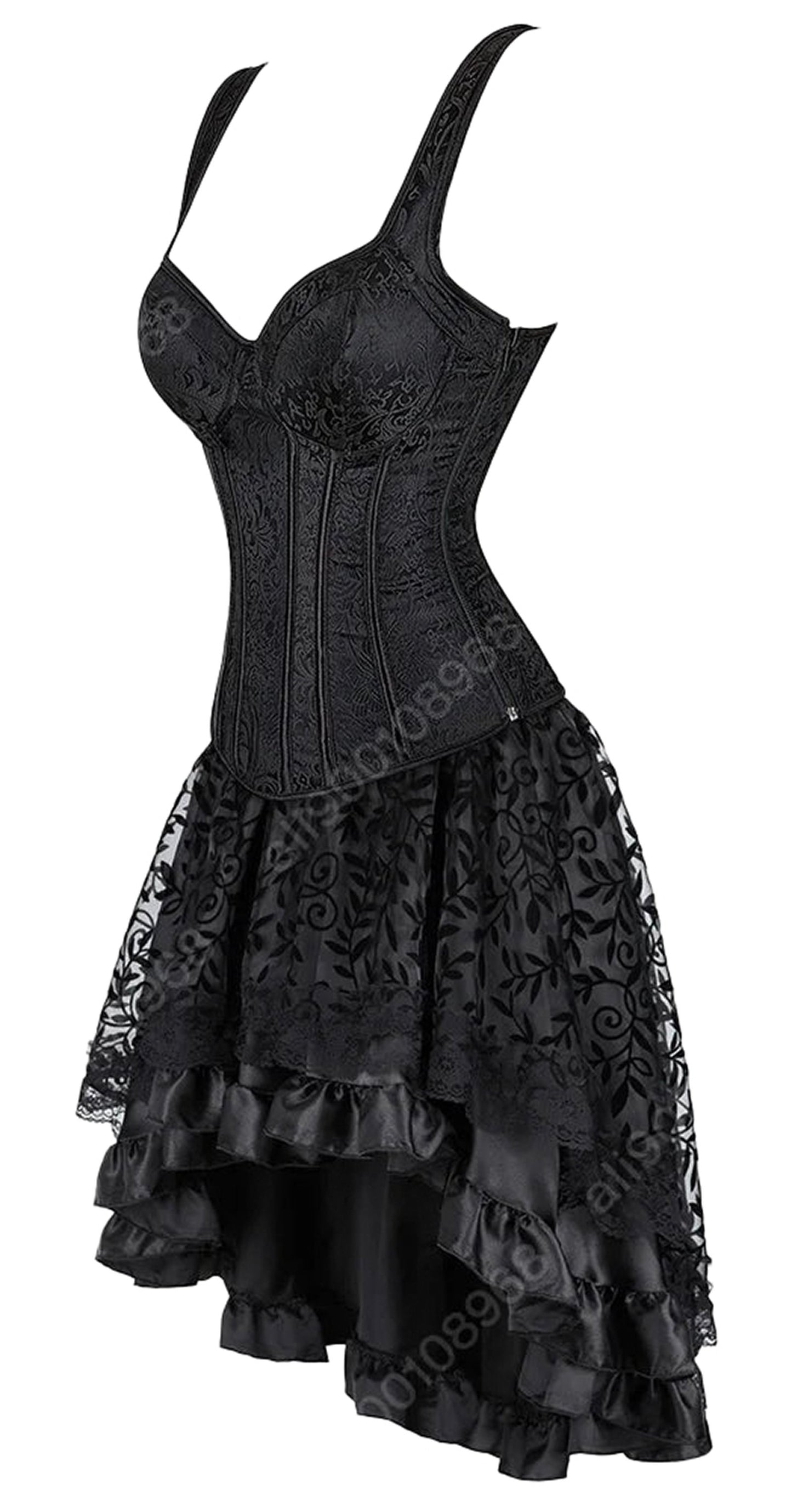 Elegant black gothic corset dress for women with lace details and ruffled hemline