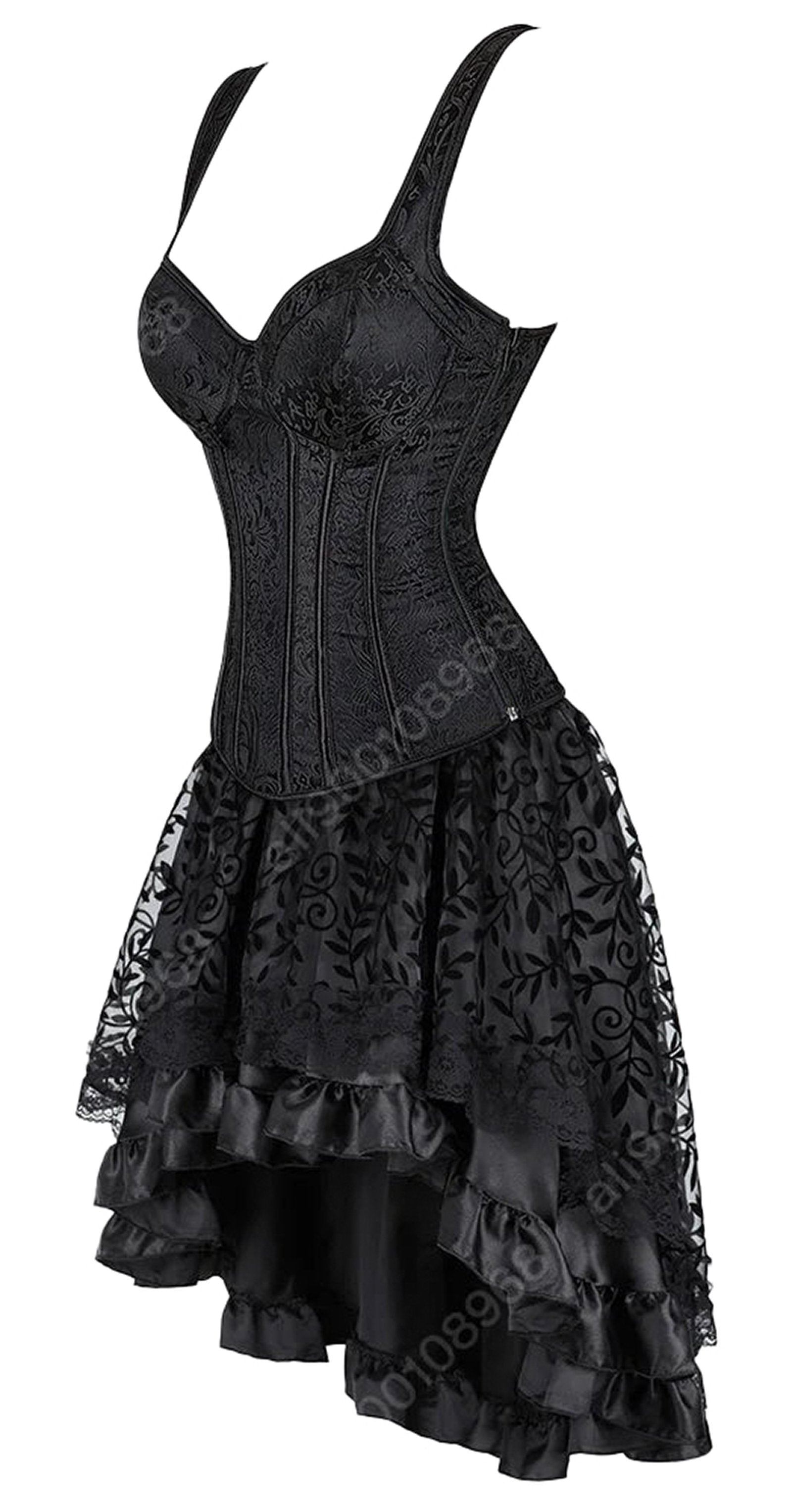 Elegant black gothic corset dress for women with lace details and ruffled hemline