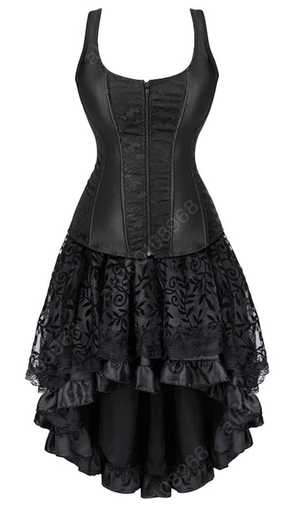 Elegant gothic corset dress for women with lace and ruffled hem design in black