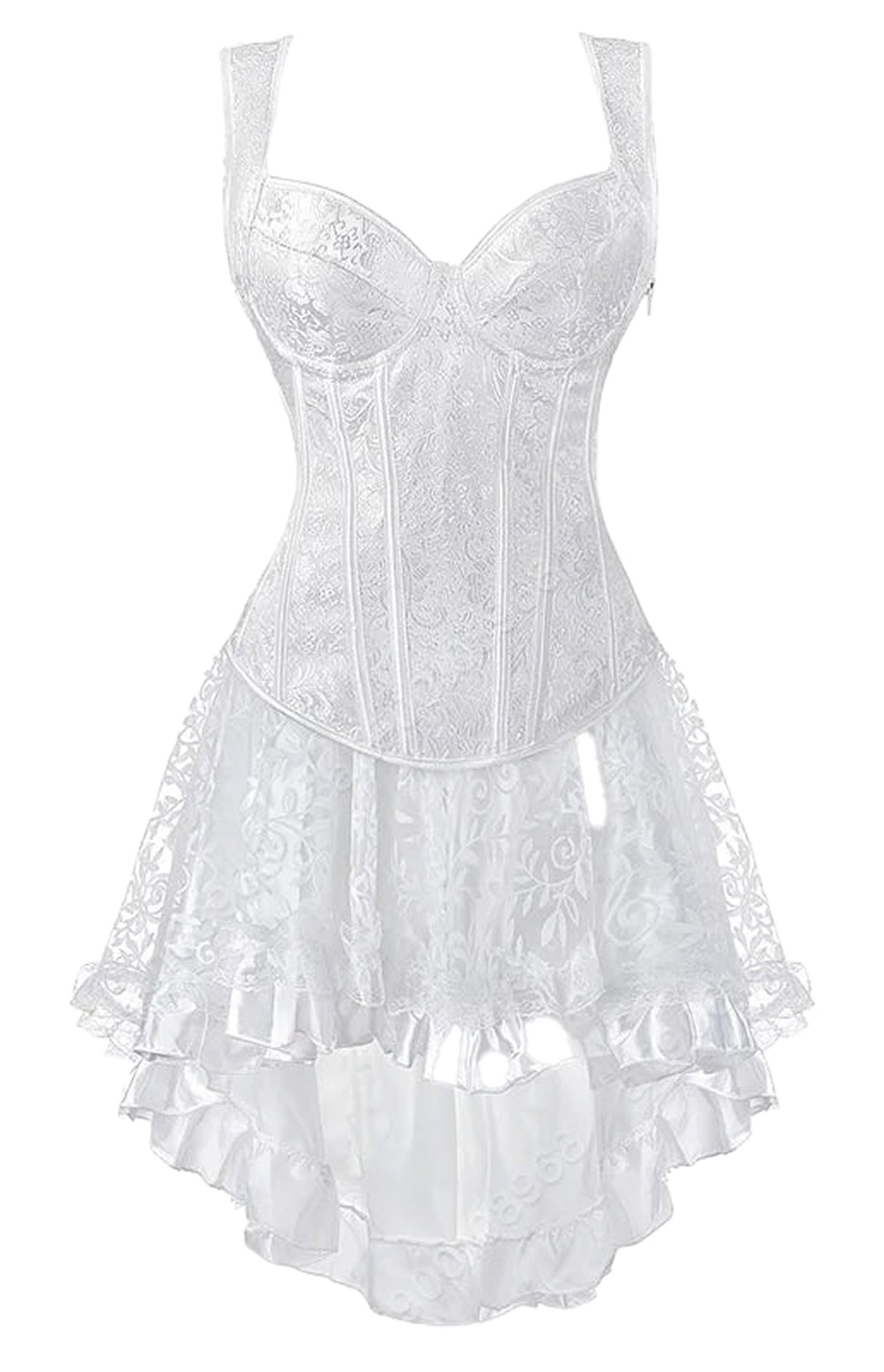 Elegant white gothic corset dress for women with lace details and a flowing high-low skirt