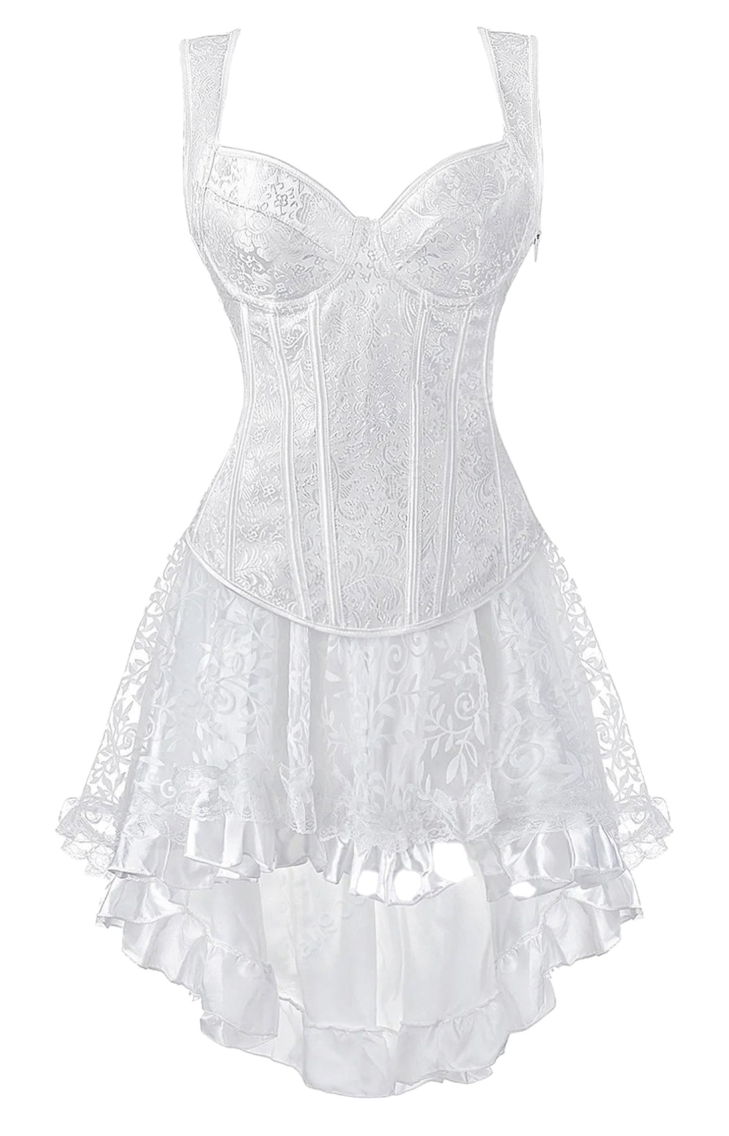 Elegant white gothic corset dress for women with lace details and layered skirt