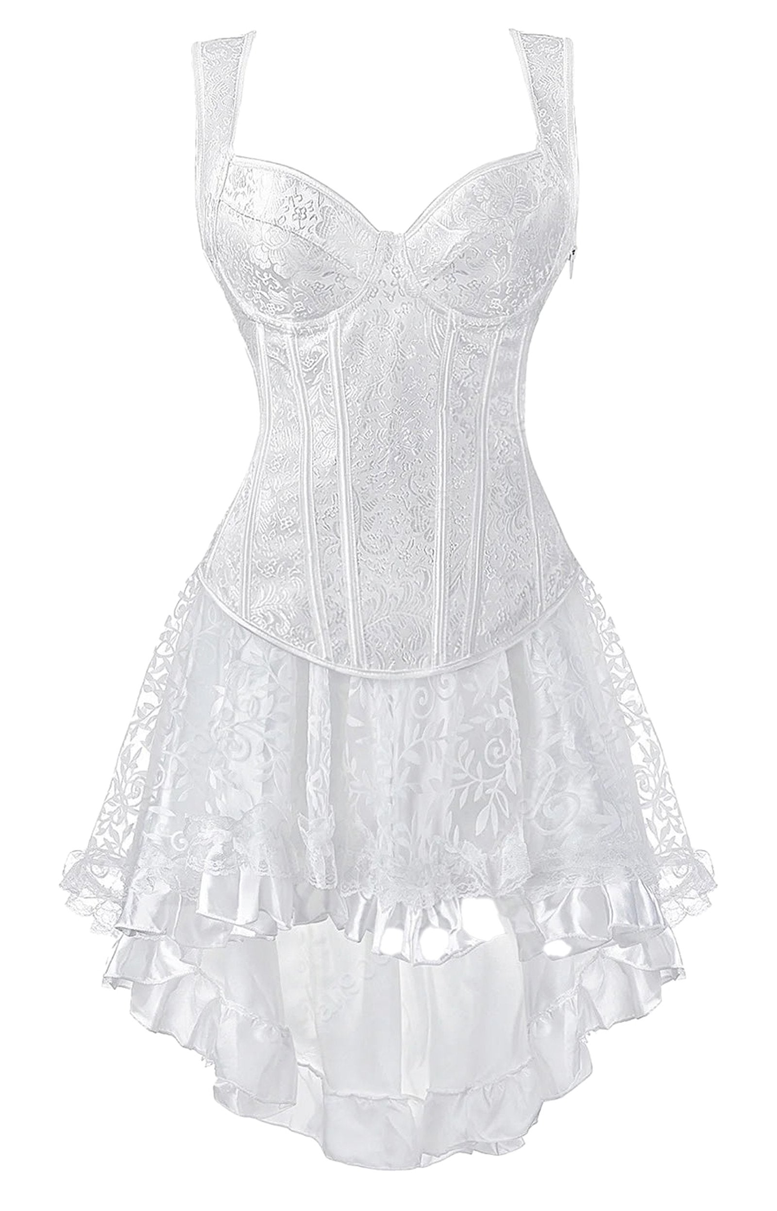 Elegant white gothic corset dress for women with lace details and layered skirt