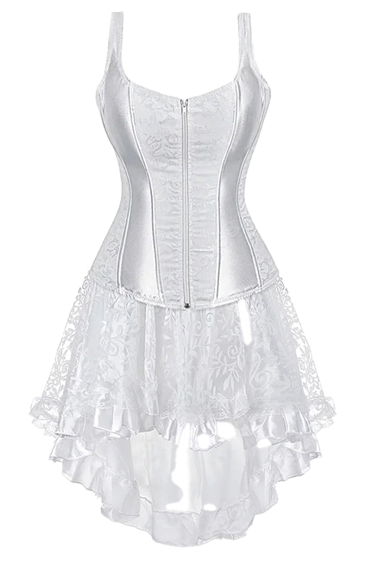 White gothic corset dress for women with intricate lace and a layered ruffled hem