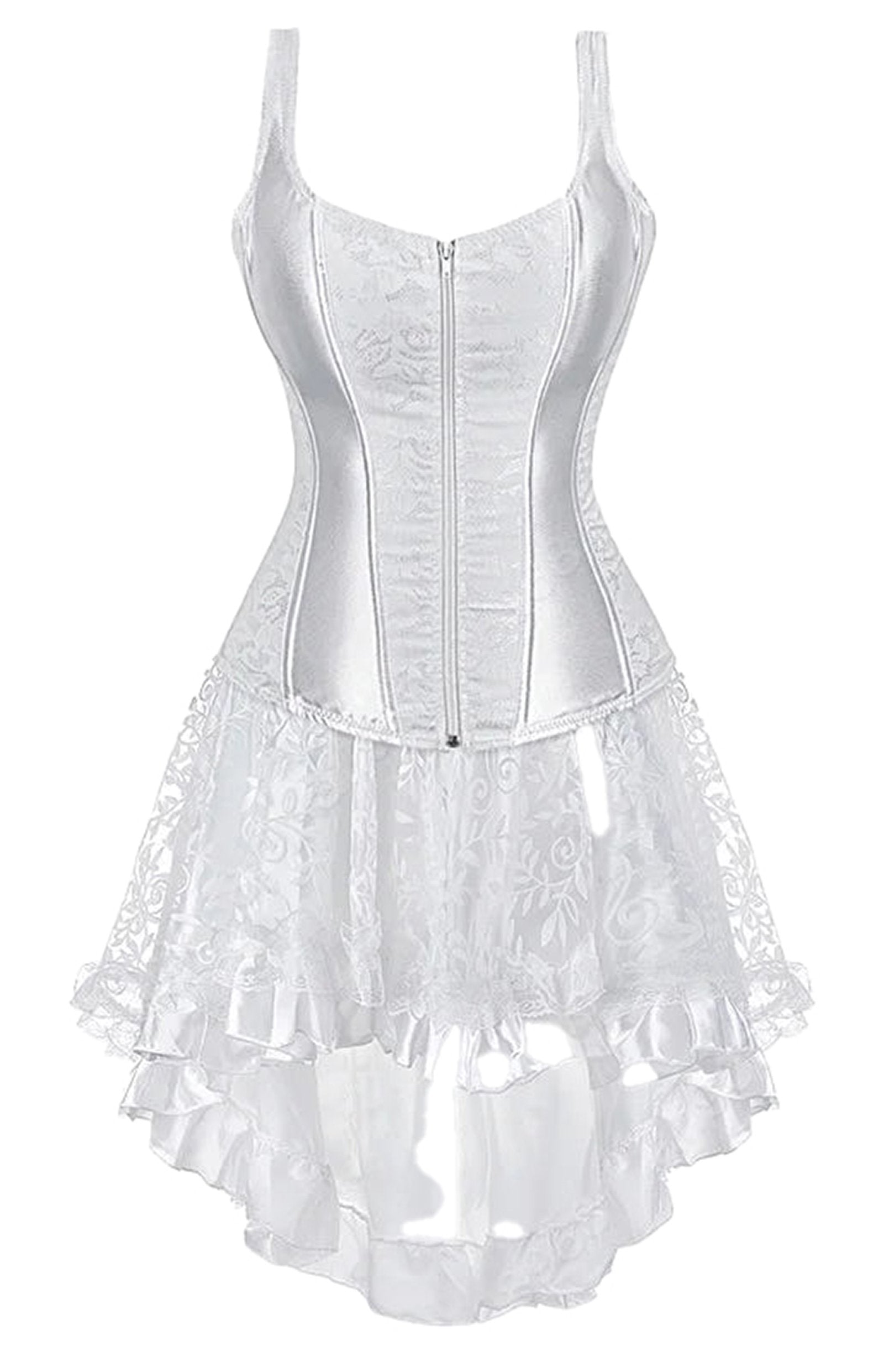 White gothic corset dress for women with intricate lace and a layered ruffled hem