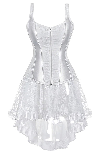 White gothic corset dress for women with intricate lace and a layered ruffled hem
