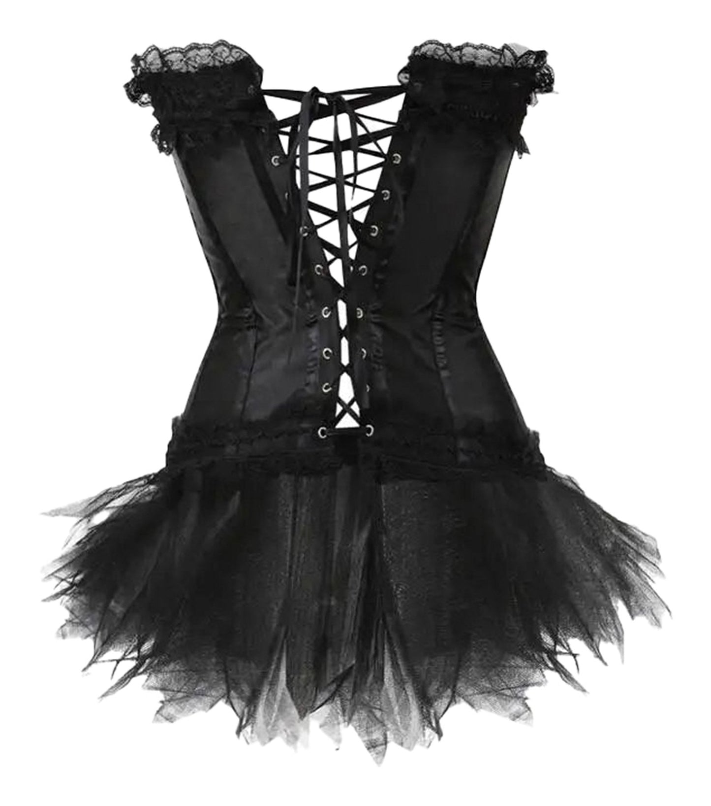 Black gothic corset dress with skirt featuring lace-up back and tulle details for a dramatic look