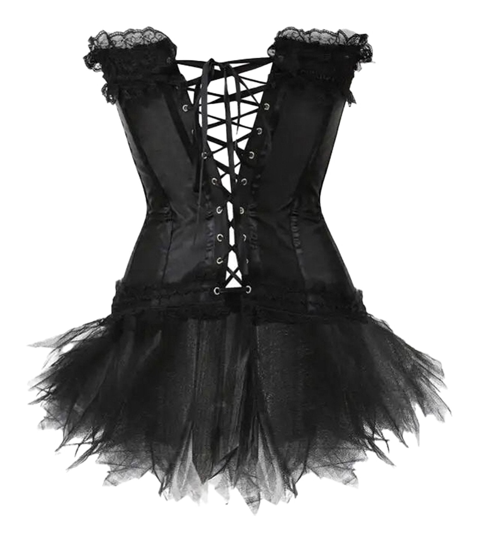 Black gothic corset dress with skirt featuring lace-up back and tulle details for a dramatic look