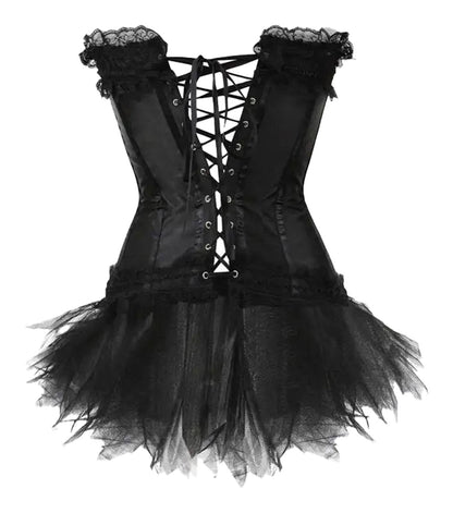 Black gothic corset dress with skirt featuring lace-up back and tulle details for a dramatic look