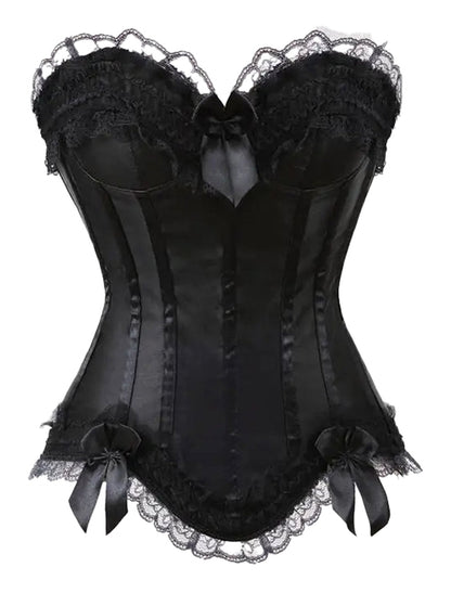 Elegant gothic corset dress with skirt featuring lace trim and satin fabric for a romantic look