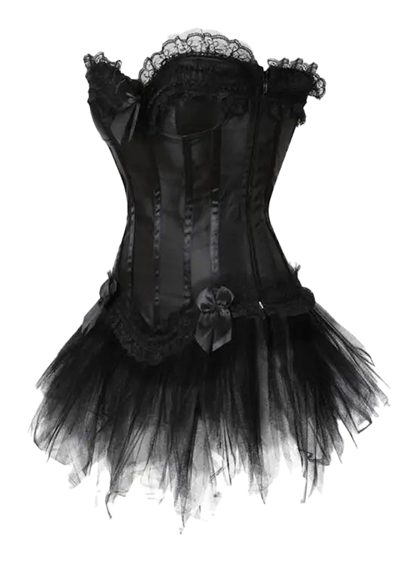 LuckeLadybug gothic corset dress with skirt featuring lace details and a tulle overlay for a dramatic look