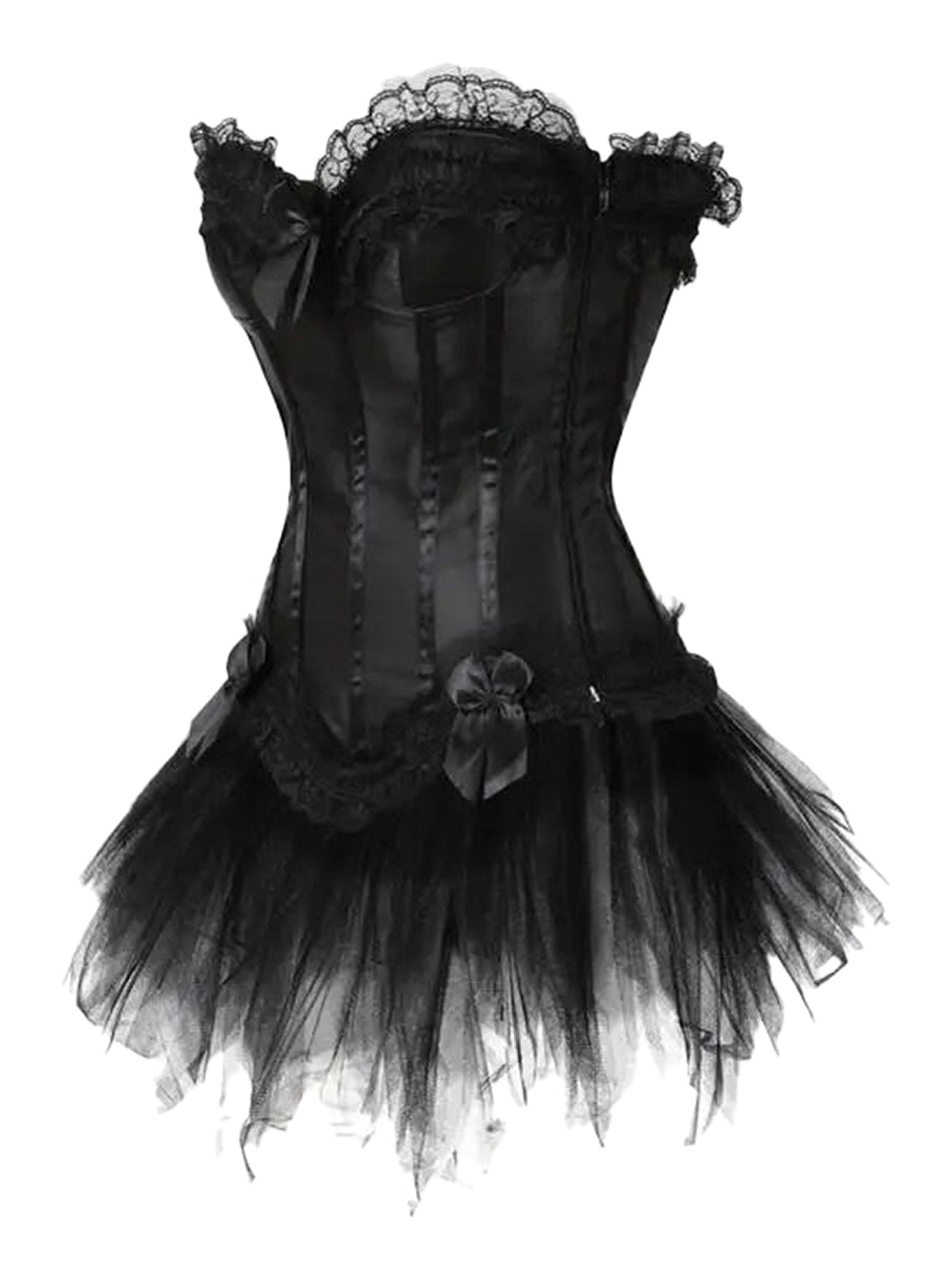 LuckeLadybug gothic corset dress with skirt featuring lace details and a tulle overlay for a dramatic look