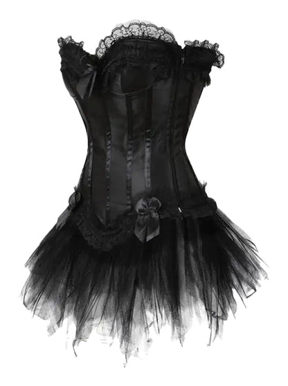 LuckeLadybug gothic corset dress with skirt featuring lace details and a tulle overlay for a dramatic look
