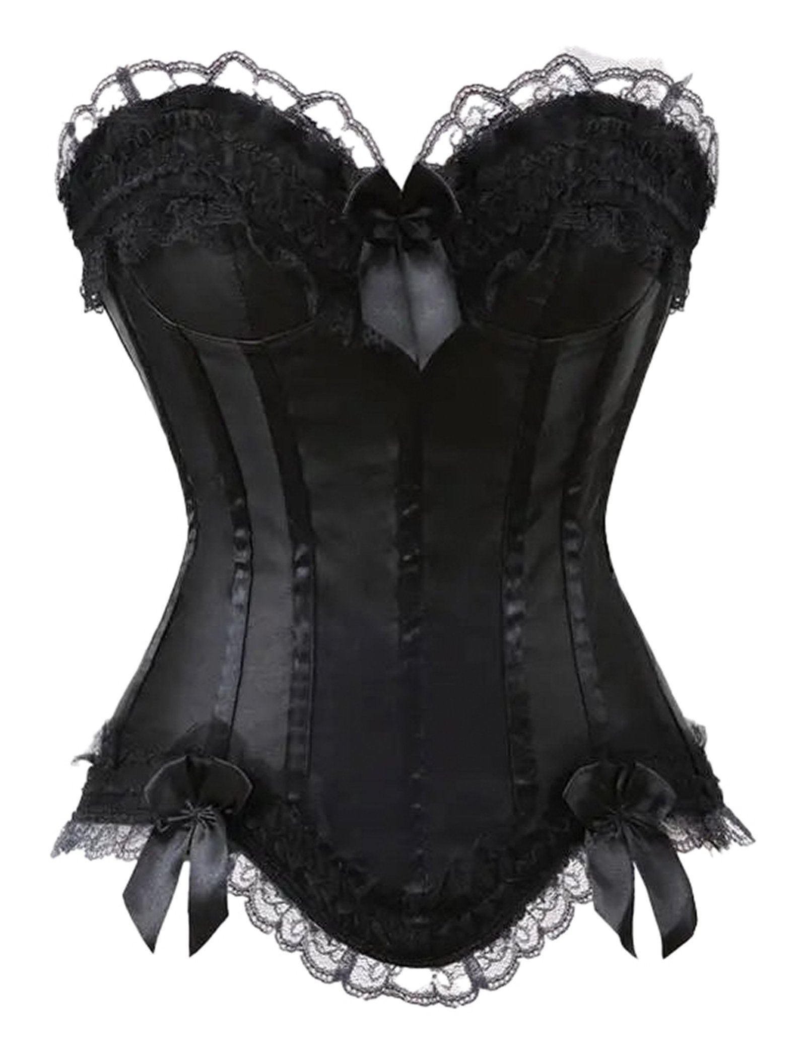Luxury black gothic corset dress with skirt featuring lace trim and elegant satin finish