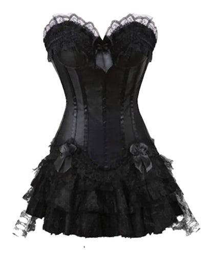 LuckeLadybug gothic corset dress with skirt featuring lace details and a ruffled hem
