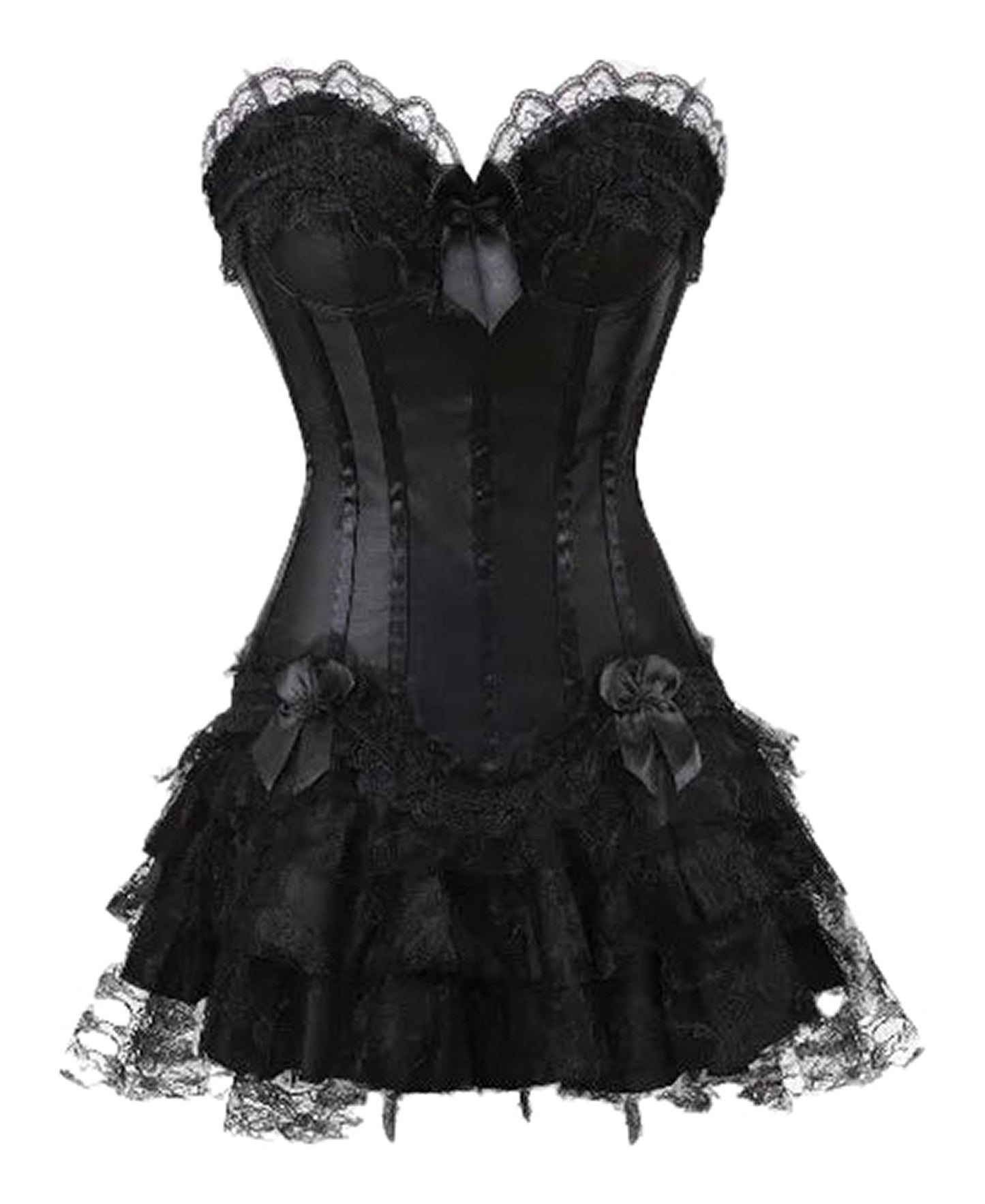 LuckeLadybug LLC Gothic corset dress with skirt featuring lace trim and frilly layers