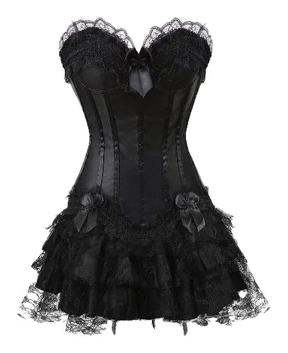 LuckeLadybug LLC Gothic corset dress with skirt featuring lace trim and frilly layers