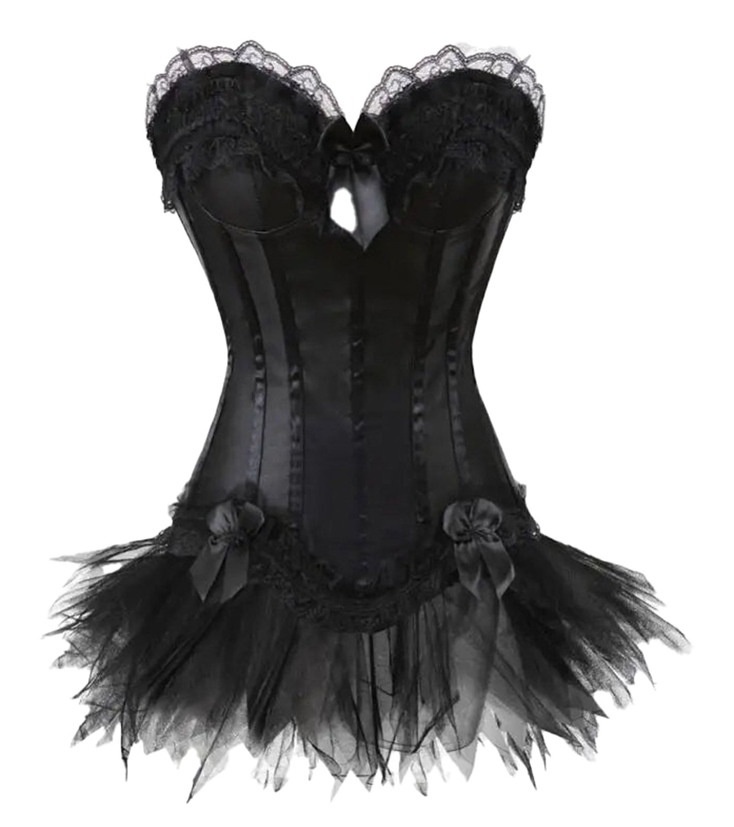 LuckeLadybug LLC Gothic corset dress with skirt featuring lace trim and tulle overlay for a dramatic look