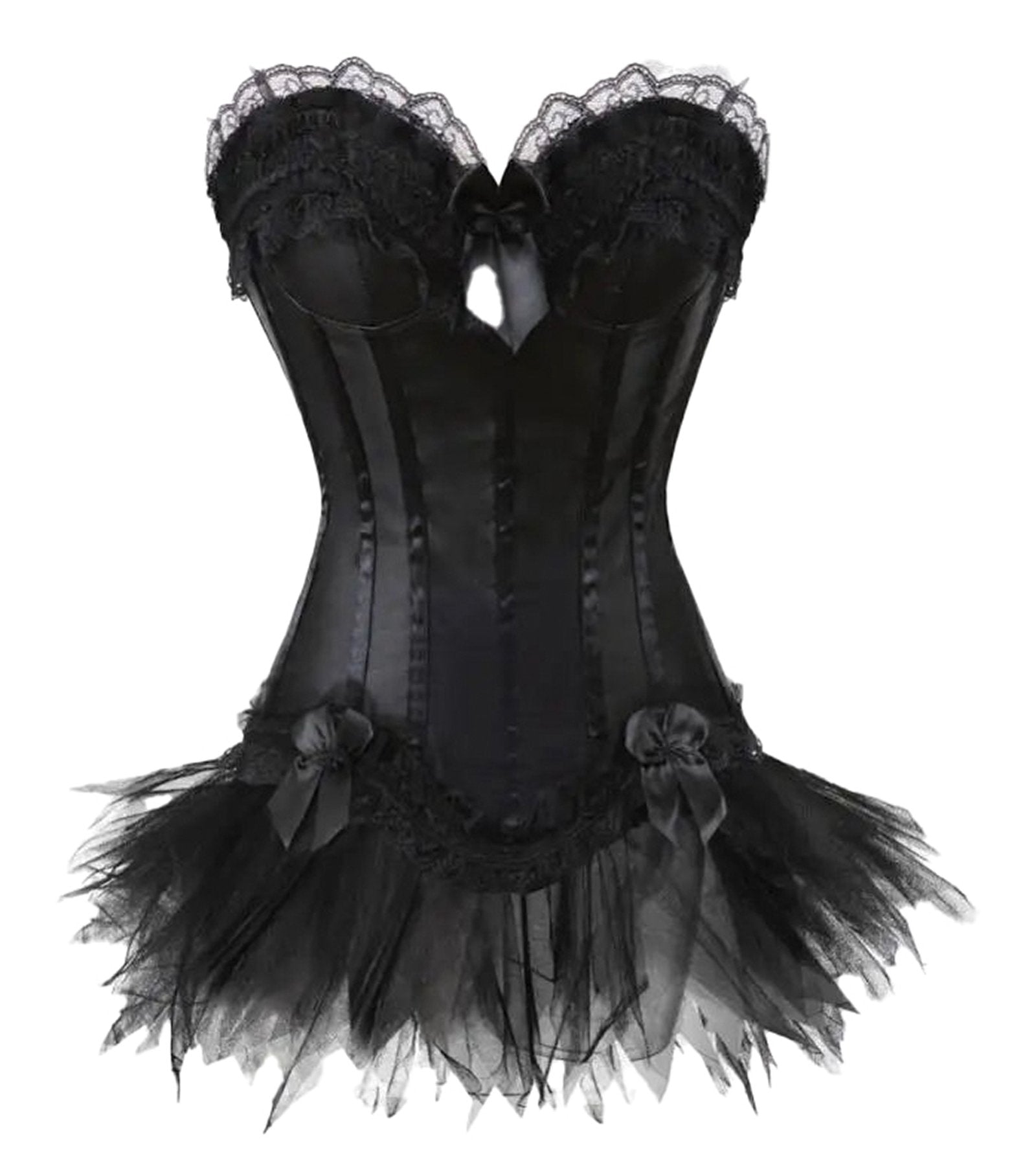 LuckeLadybug LLC Gothic corset dress with skirt featuring lace trim and tulle overlay for a dramatic look