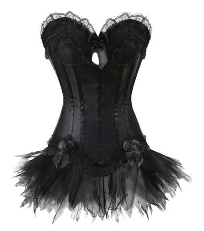 Elegant gothic corset dress with skirt featuring lace details and tulle accents for a striking look