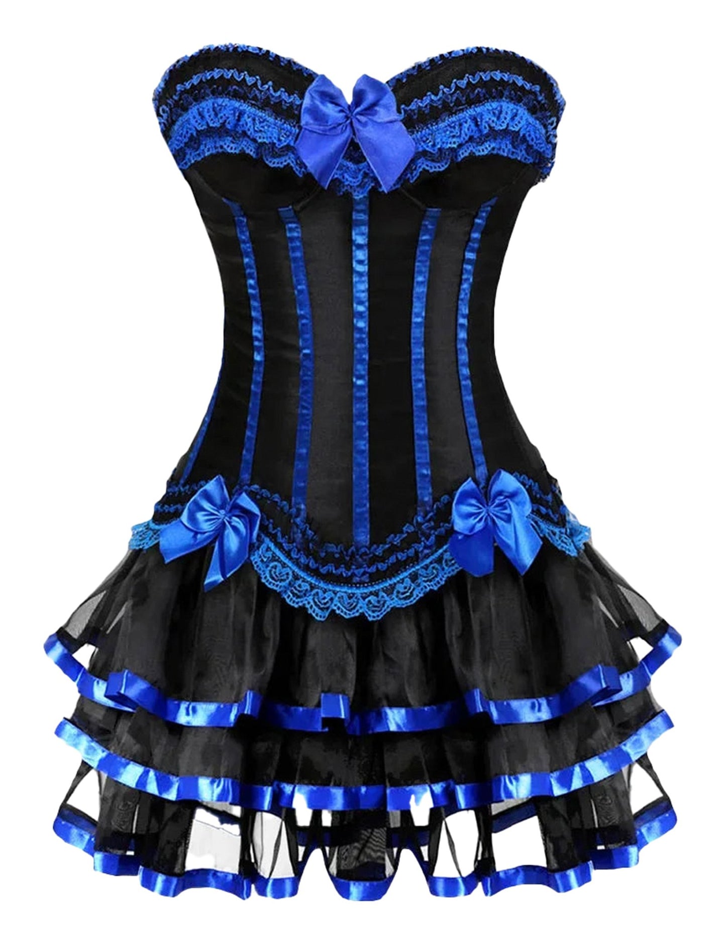Luxurious gothic corset tutu dress plus size with black and blue satin bows and layered tulle skirt