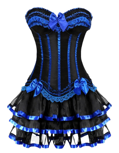 Luxurious gothic corset tutu dress plus size with black and blue satin bows and layered tulle skirt