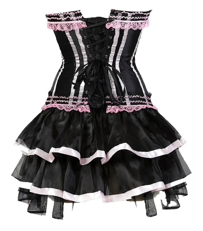 LuckeLadybug LLC gothic corset tutu dress plus size with lace and ruffled layers in black and pink