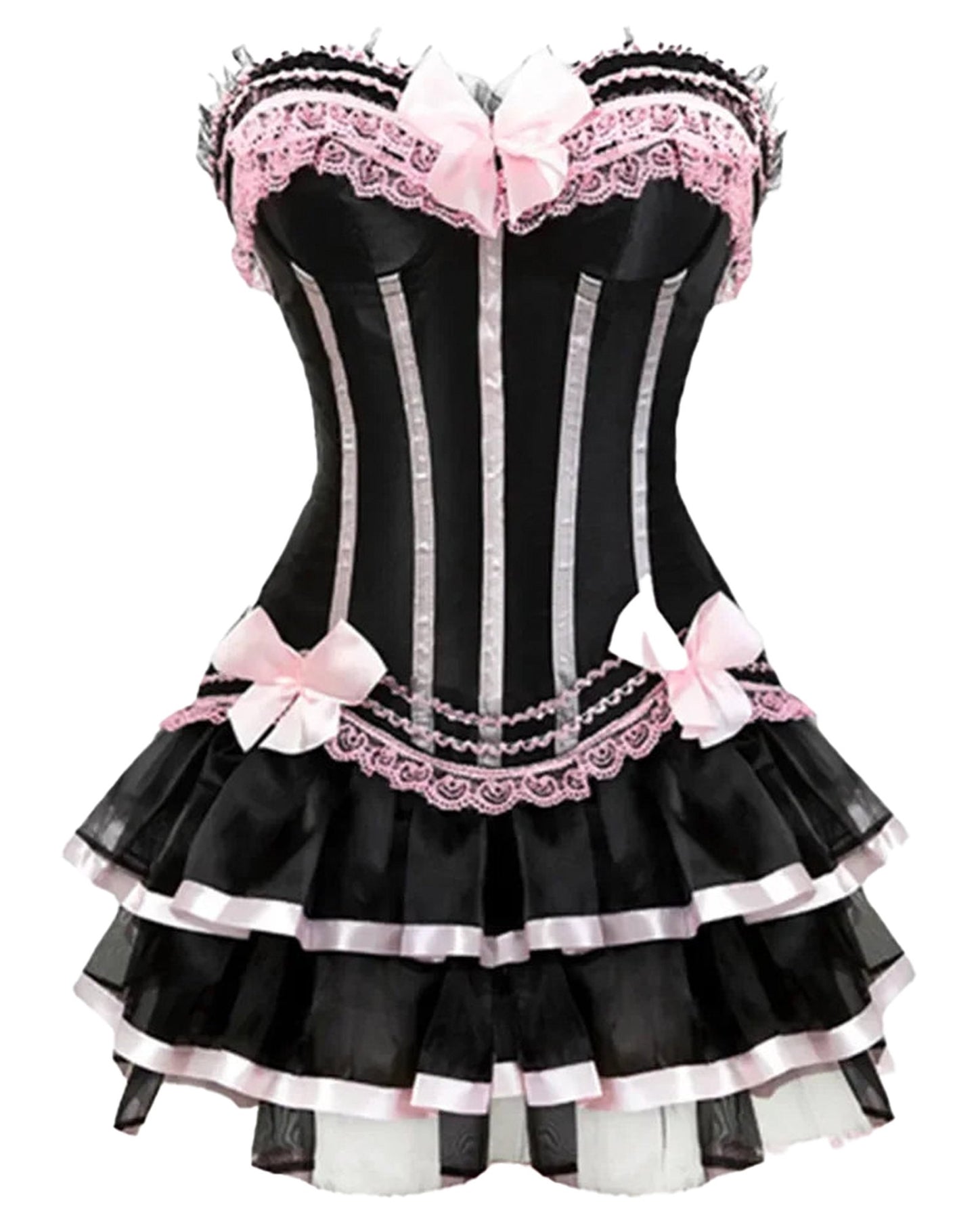 Elegant gothic corset tutu dress plus size with lace and ribbon detailing in black and pink