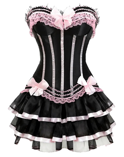 Elegant gothic corset tutu dress plus size with lace and ribbon detailing in black and pink