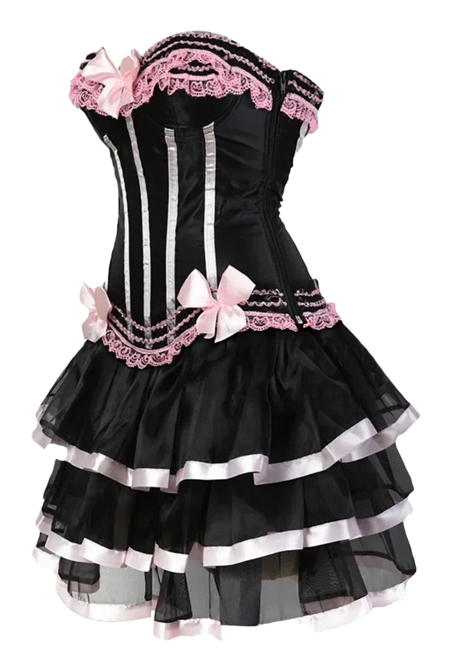 LuckeLadybug LLC gothic corset tutu dress plus size with pink lace and bow details in black