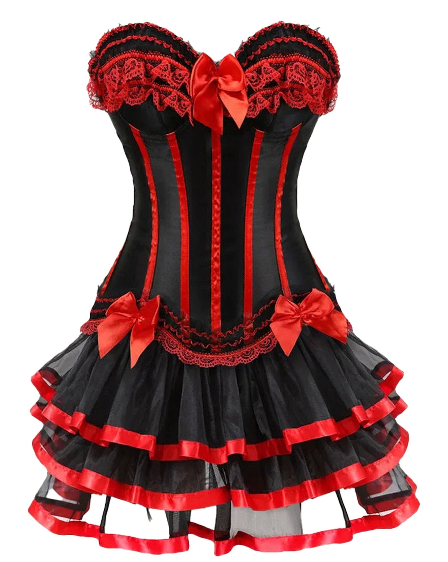 Elegant gothic corset tutu dress plus size in black and red with lace and bow details