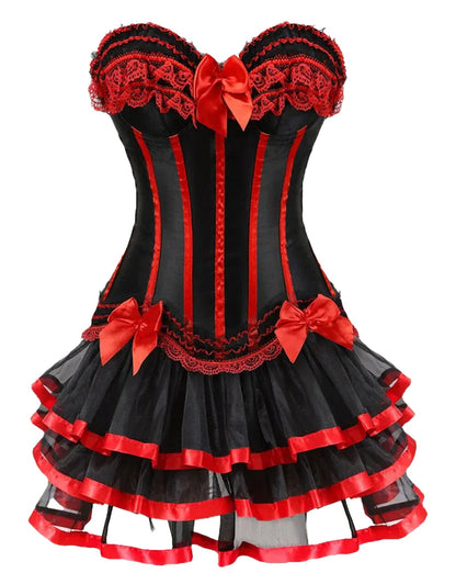 Elegant gothic corset tutu dress plus size in black and red with lace and bow details