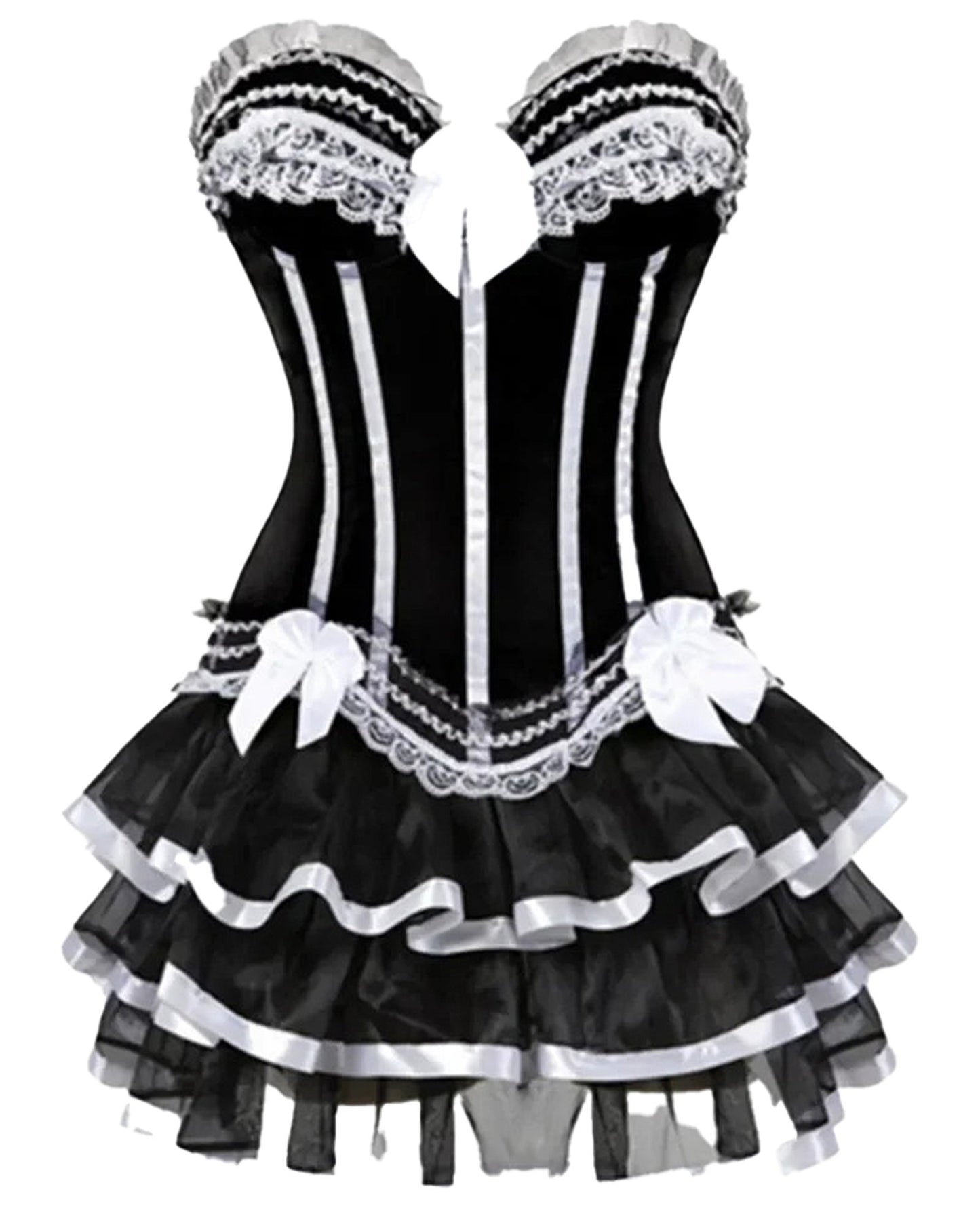 Gothic corset tutu dress plus size with black lace and satin detailing, elegant and stylish design