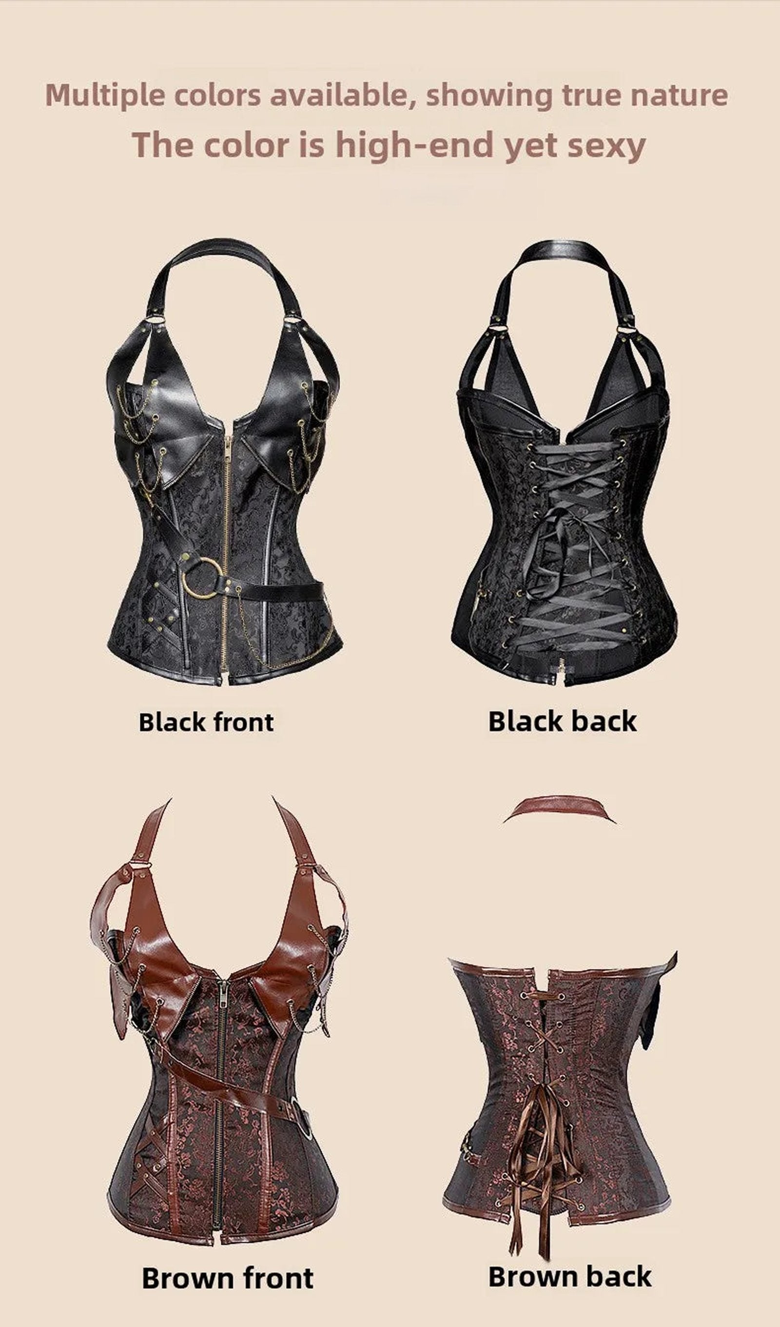 Gothic court corset top in black and brown, showcasing stylish front and back designs with high-end materials