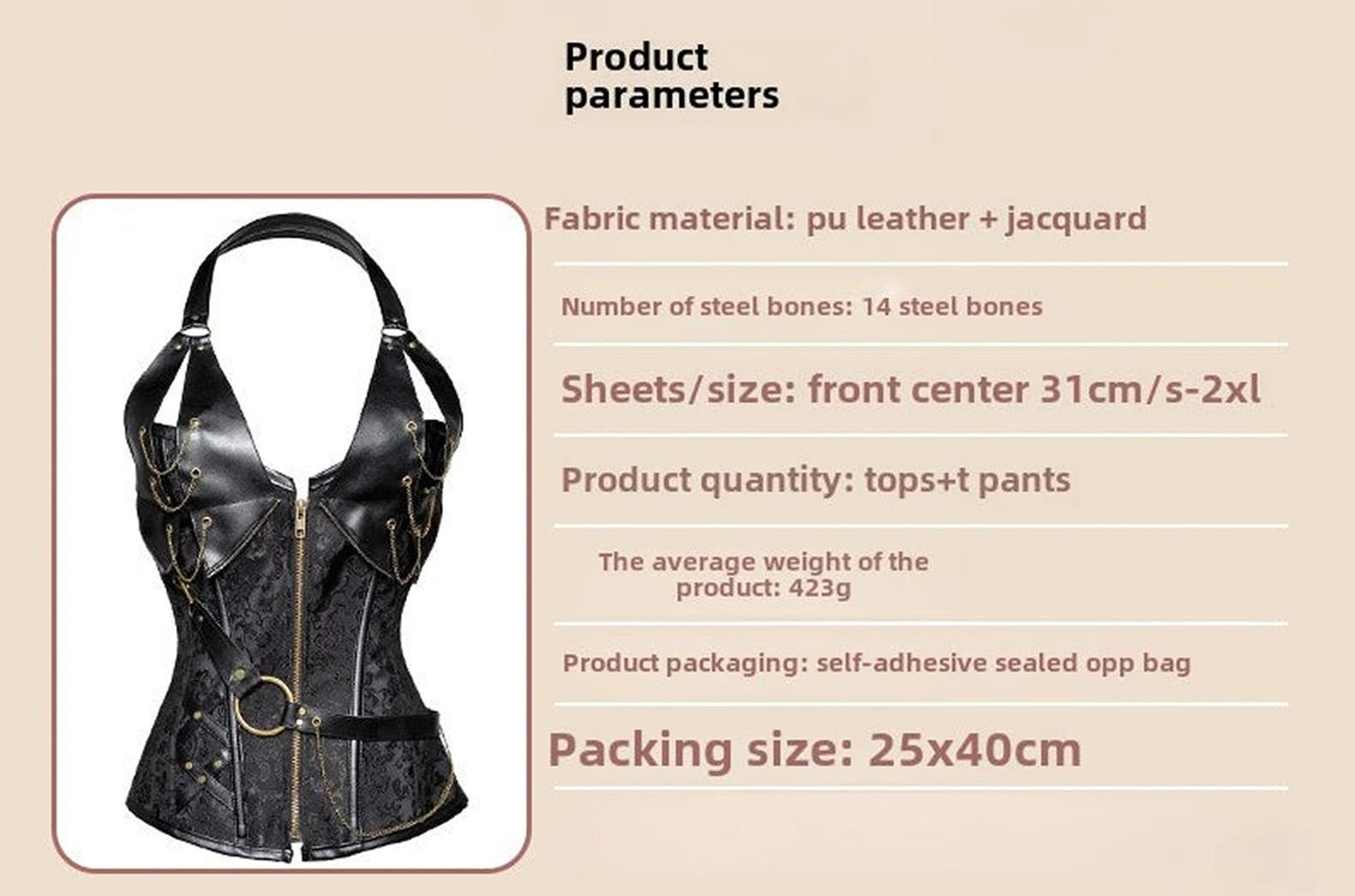 Gothic court corset top with pu leather and jacquard fabric, featuring steel bones and stylish design