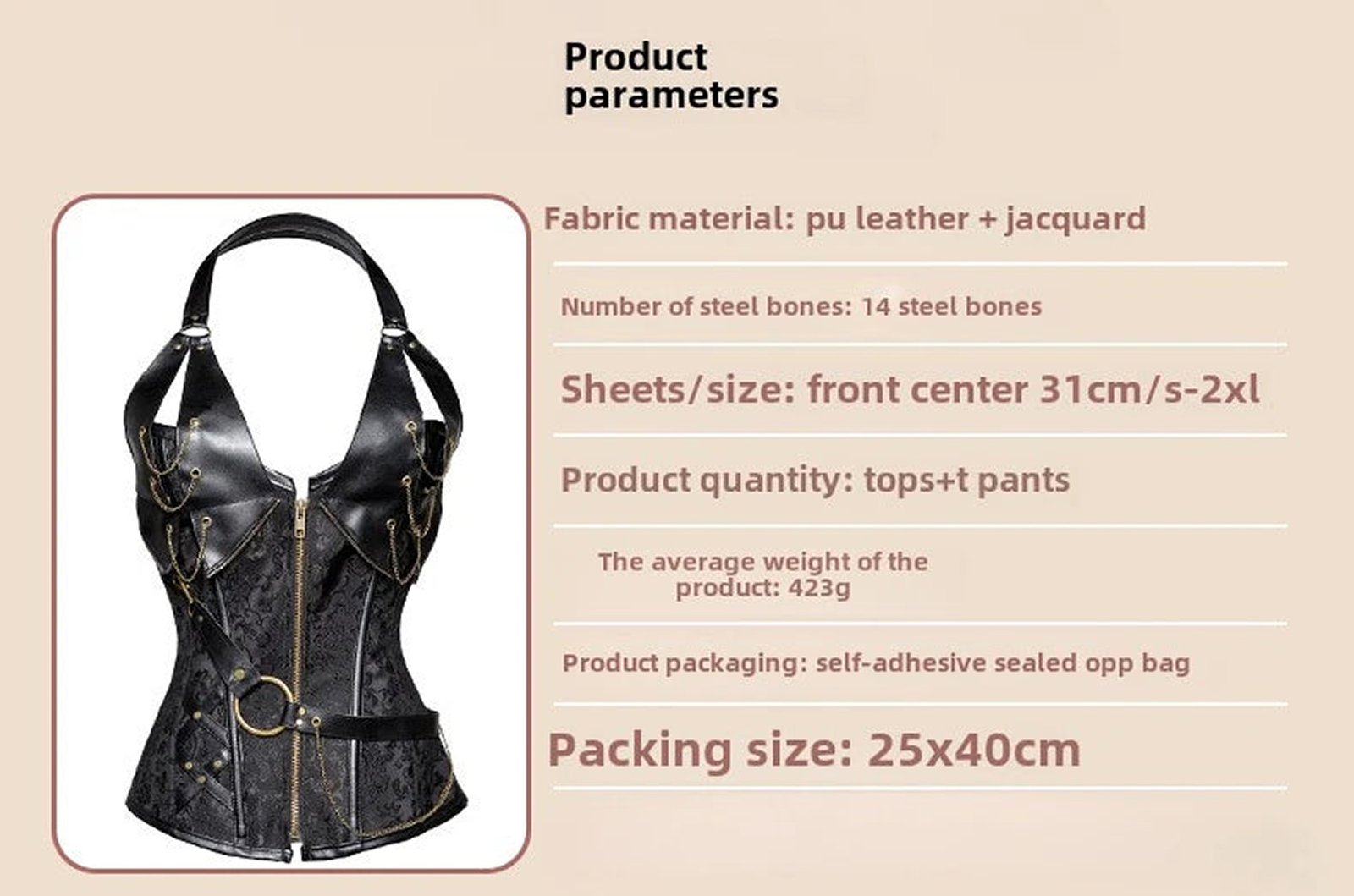 Gothic court corset top with pu leather and jacquard fabric, featuring steel bones and stylish design