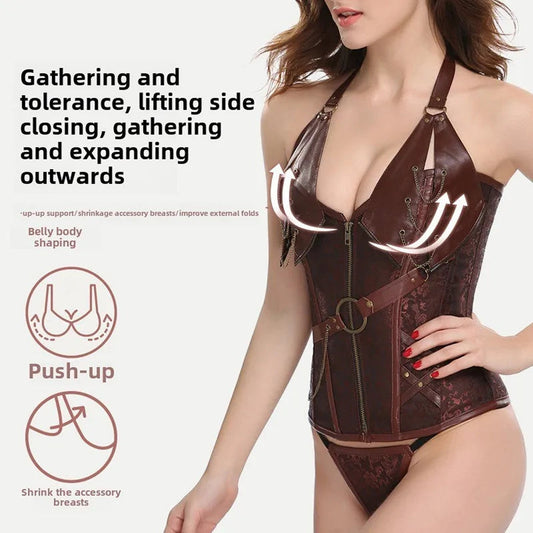 Gothic court corset top in brown with supportive design for shaping and enhancing the figure