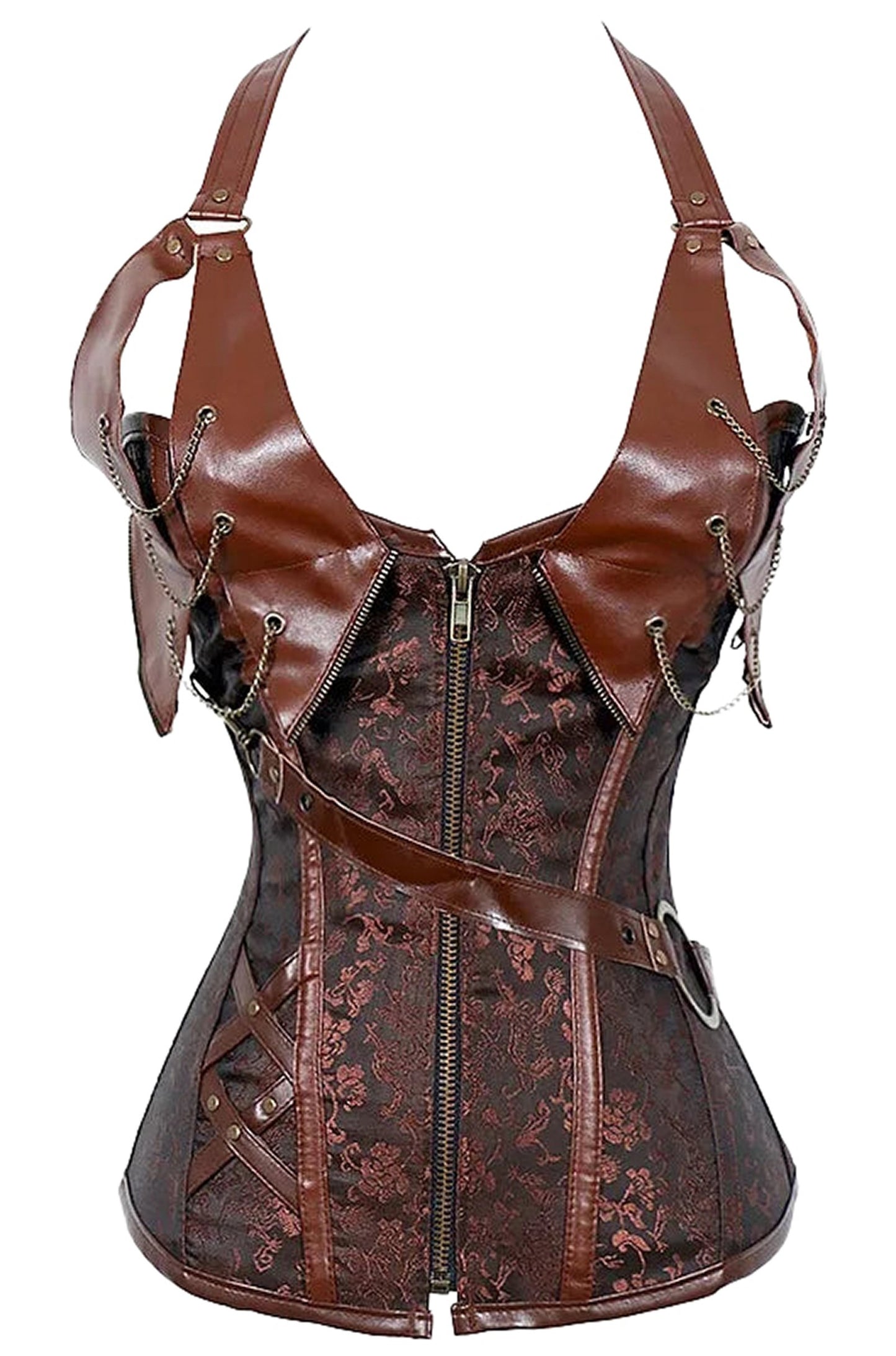 LuckeLadybug LLC gothic court corset top in brown with intricate lace design and stylish straps